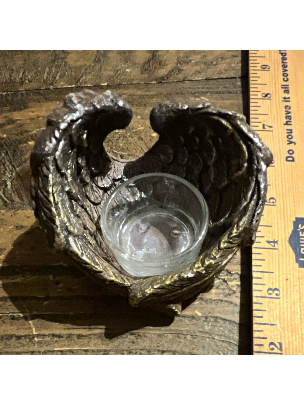 Angel Wings Tea Light Holder Bronze Resin w/ Clear Glass Cup, 5x5x4 in